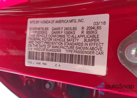 2018 Honda Accord Sport 2.0T из США, поврежденный, VIN 1HGCV2F30JA032505